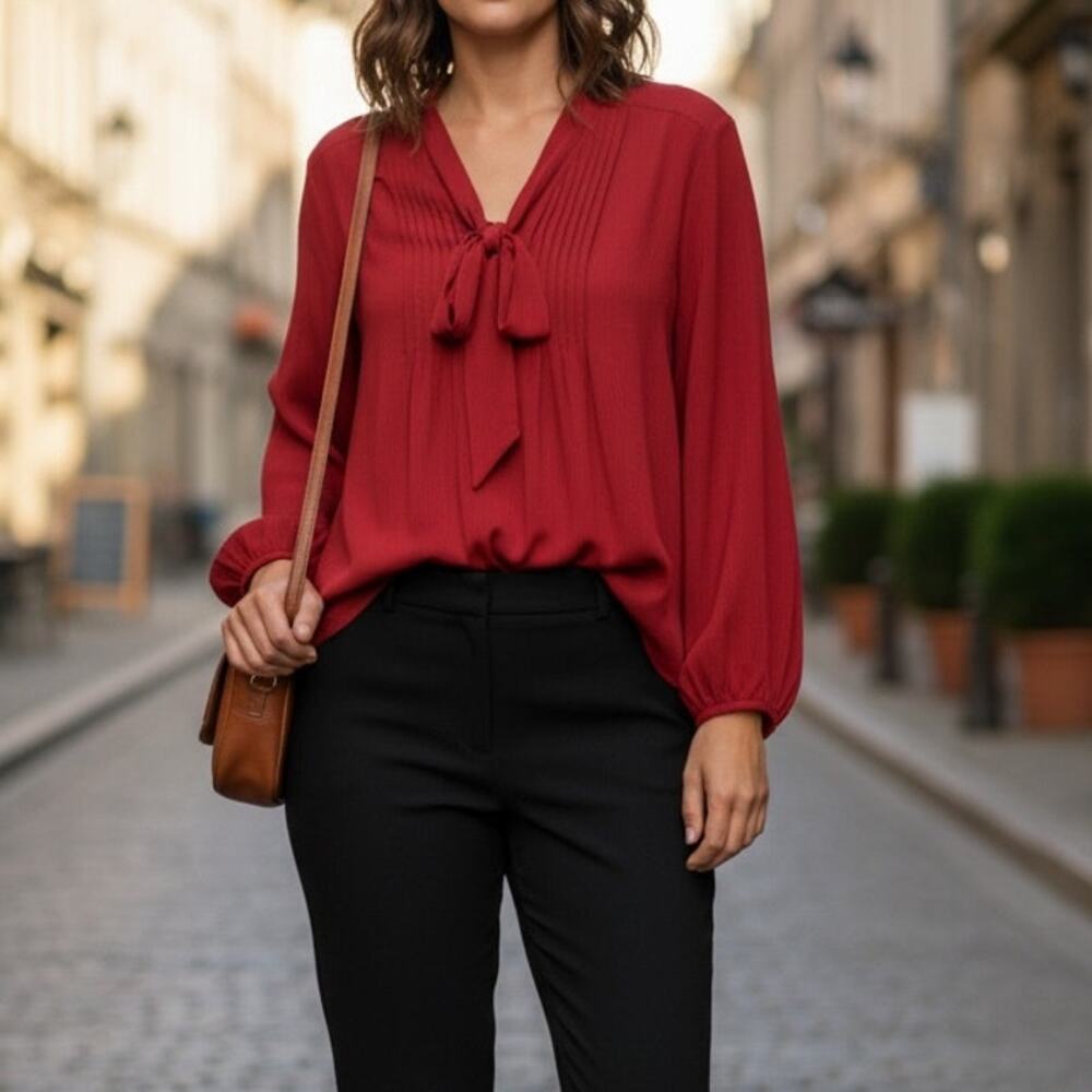 Lane Bryant Flowy Sheer Wide Long Sleeve Lightweight Tie Neck Blouse 18 20 Red